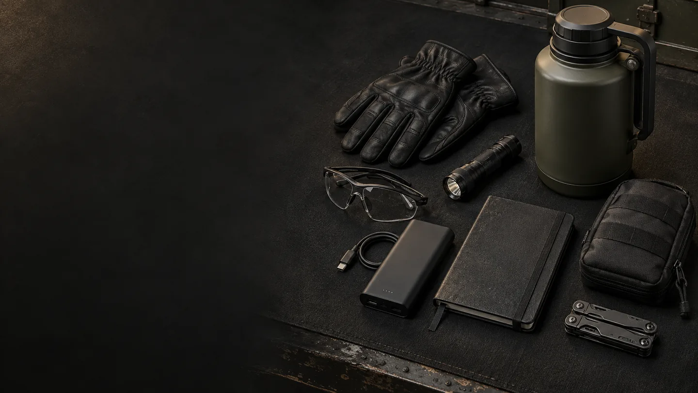Organized duty and field equipment on a dark work surface