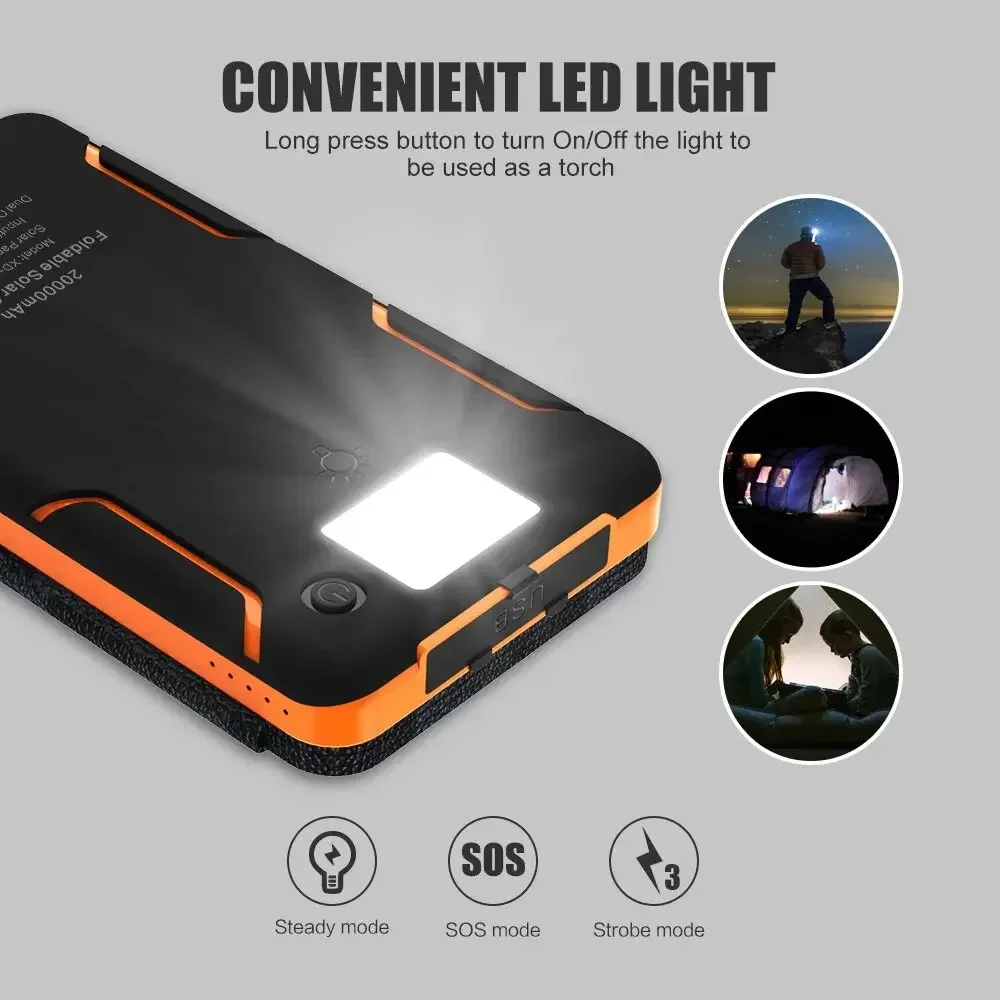 20000mAh Solar Power Bank External Battery Pack Folding Solar Panel Powerbank Double USB Charger Phone Poverbank For Smart Phone 4