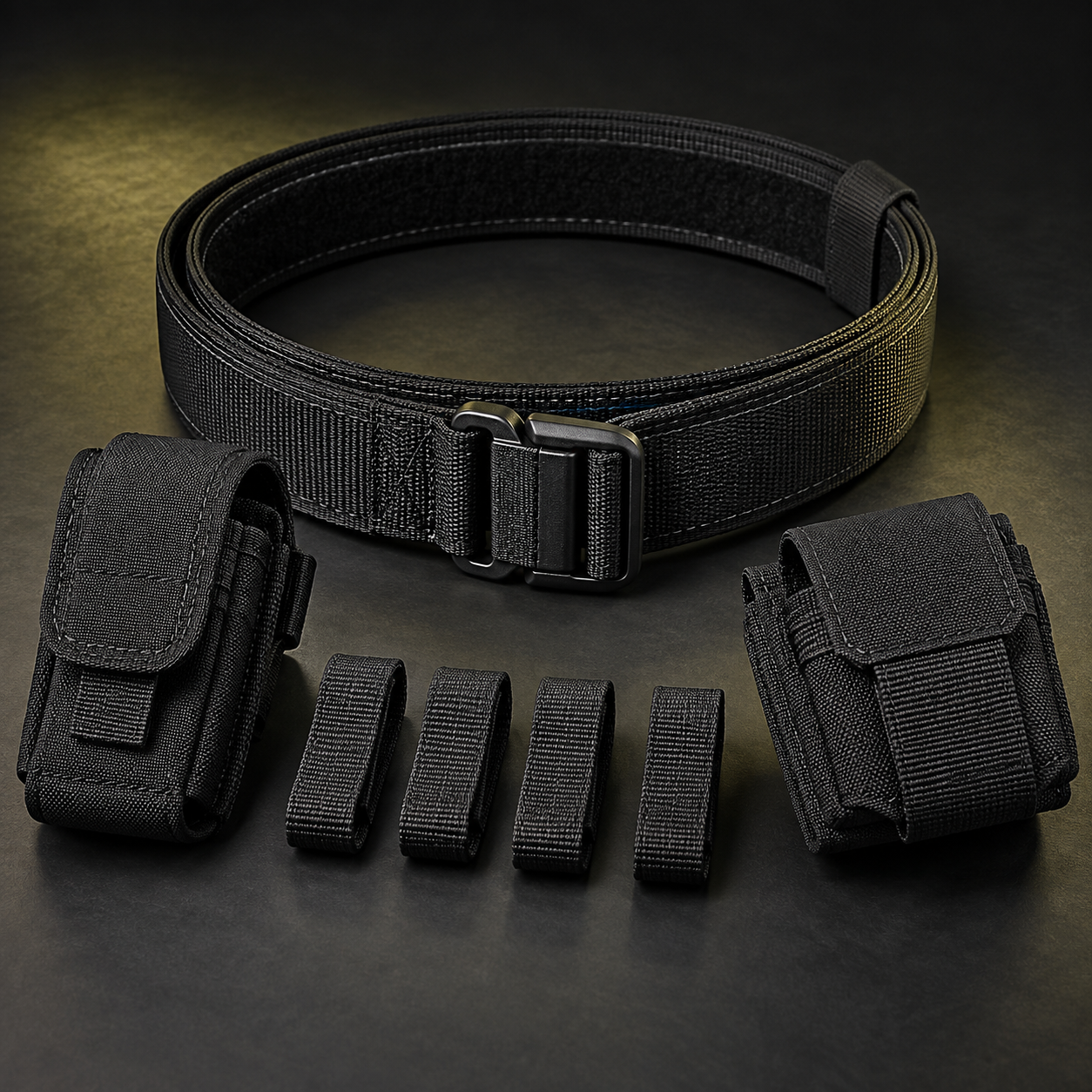 Low-profile black duty belt and pouches