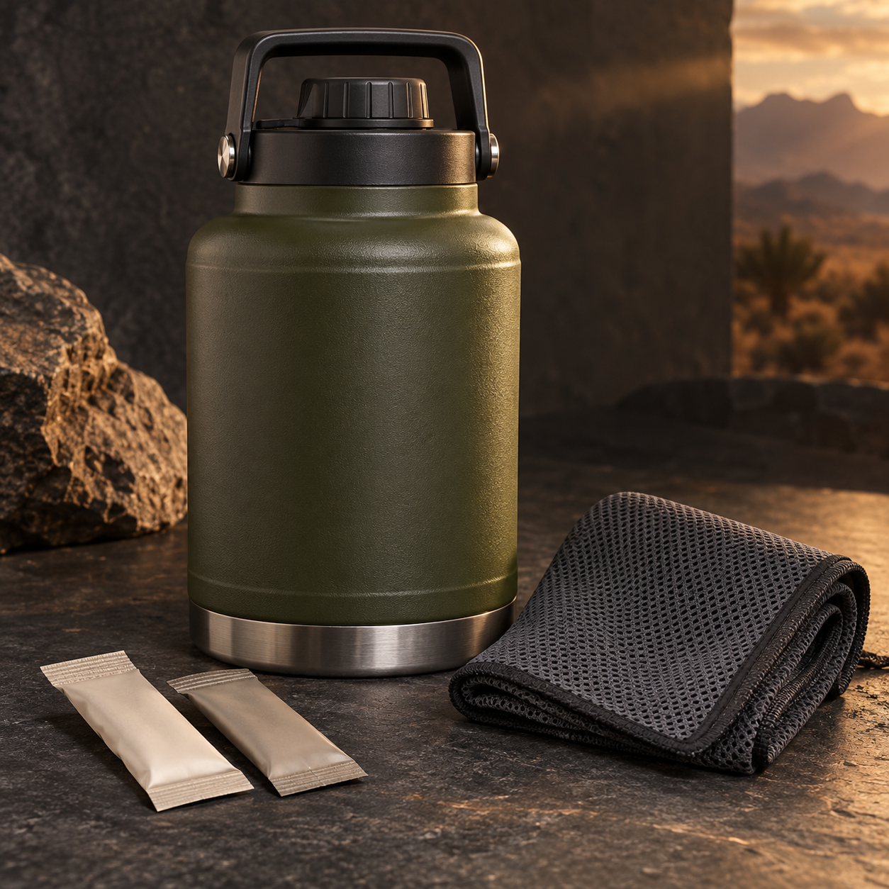 Hydration and cooling gear arranged for a hot shift